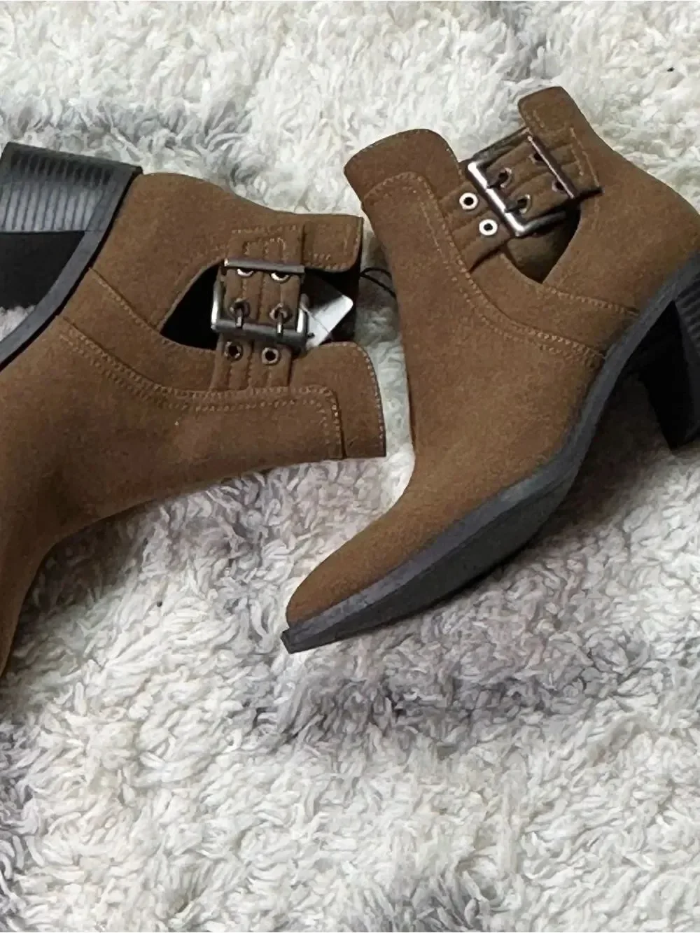 a.n.a Brown Suede-Look Ankle Booties with Buckle Accent